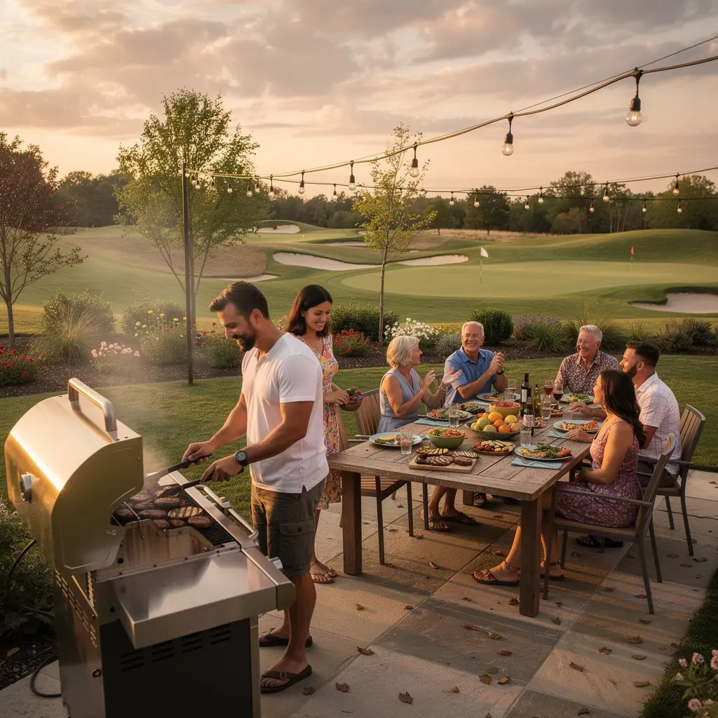 Современный дом в сообществе для любителей гольфа с видом на поле для гольфа.