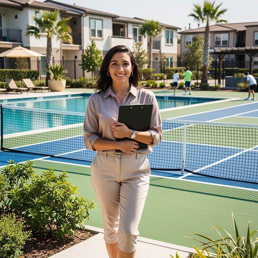 Вид на бассейн и зону отдыха в жилом комплексе.